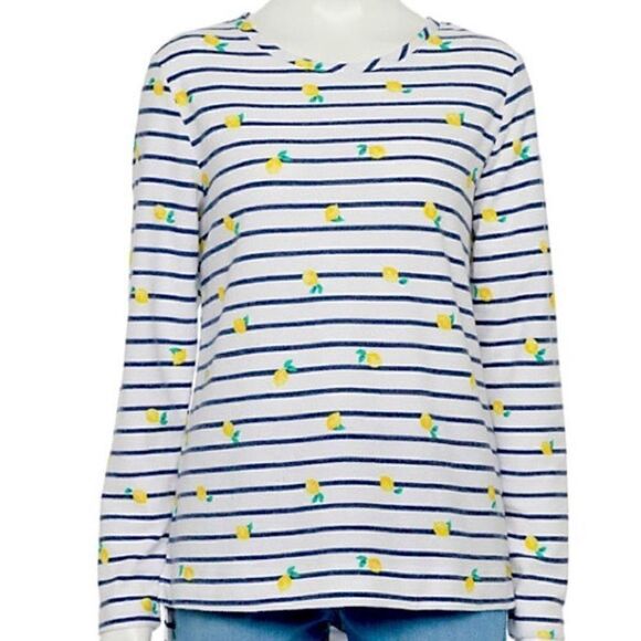 Croft & Barrow Terry Cloth Lemon Striped Sweatshirt | 1X - Picture 1 of 4